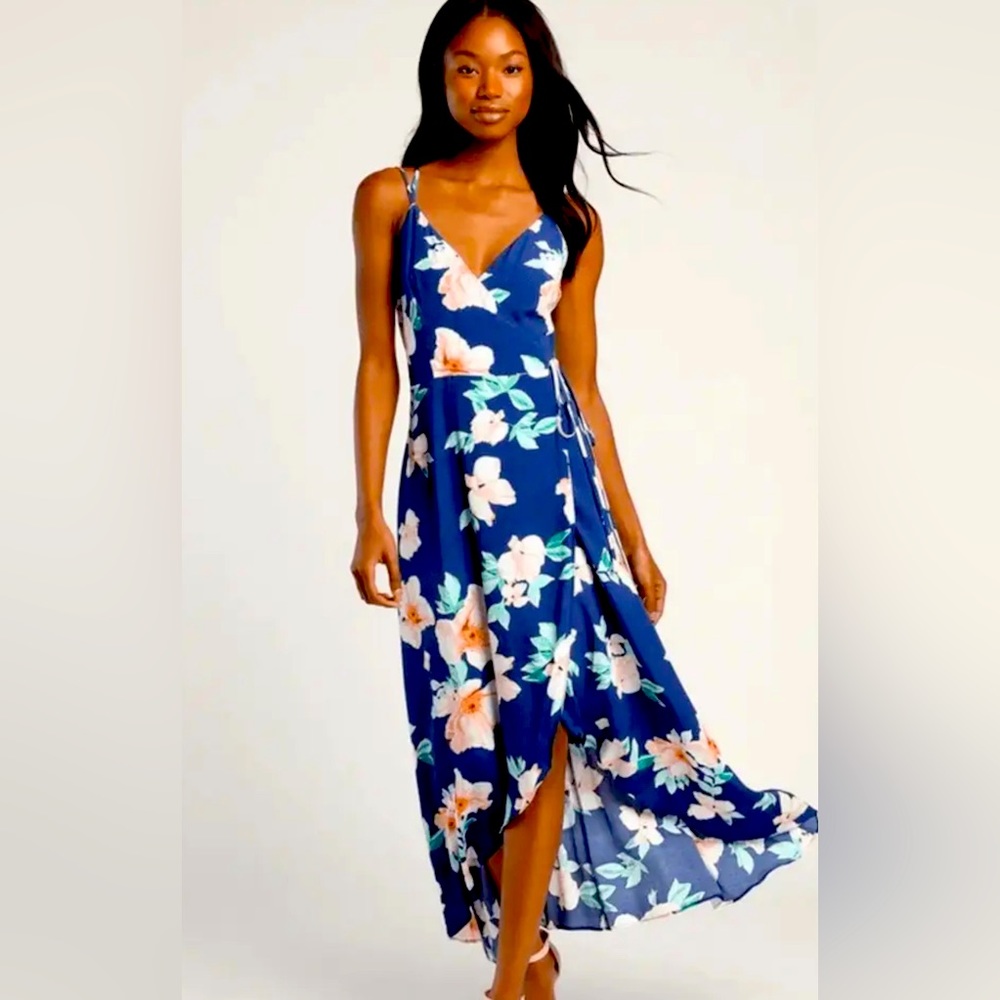 Lulus Blooming Bright Blue Floral Print High-Low Wrap Midi Dress Size Small NWT
